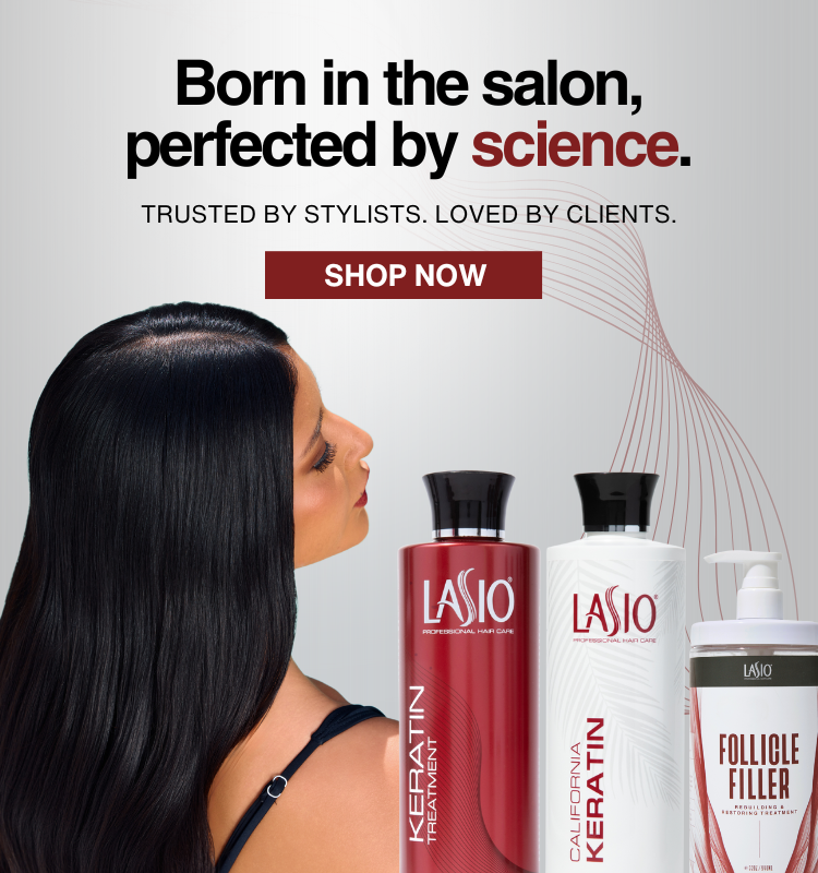 Advertisement for Lasio hair care products with a woman and hair care bottles.