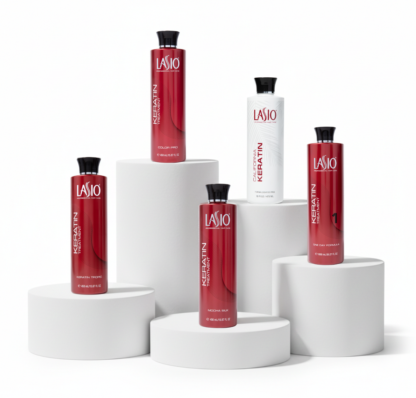 Set of LASIO Keratin hair care products on white cylindrical platforms
