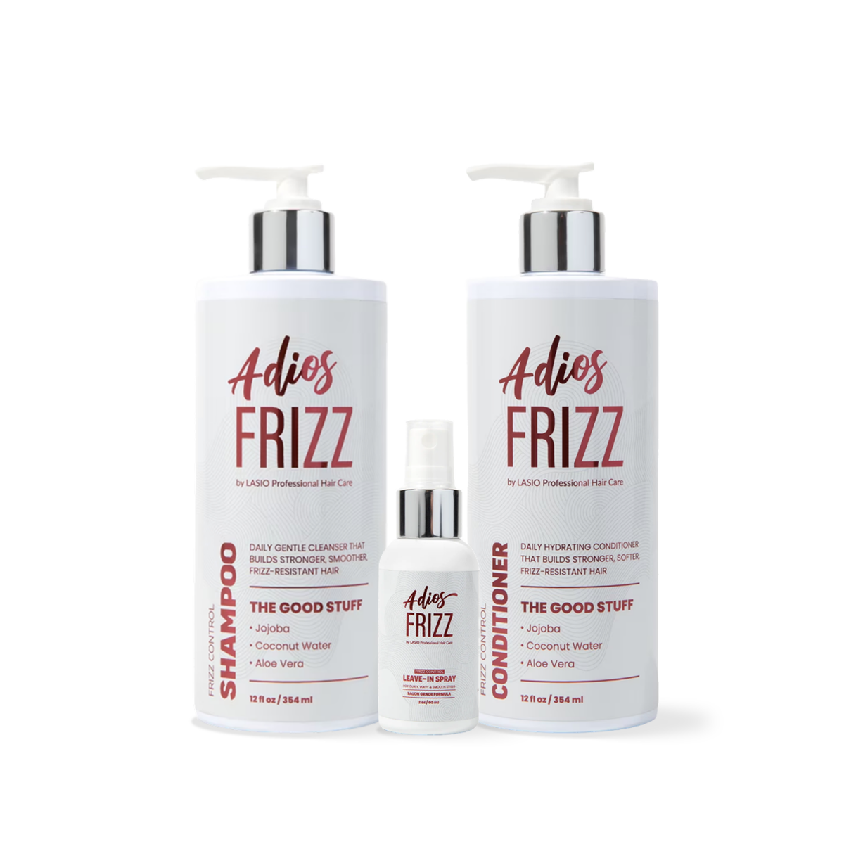Adios Frizz- The Complete System: Shampoo, Conditioner & Leave-In Spray Bundle.