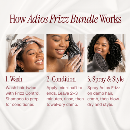 Adios Frizz- The Complete System: Shampoo, Conditioner & Leave-In Spray Bundle.
