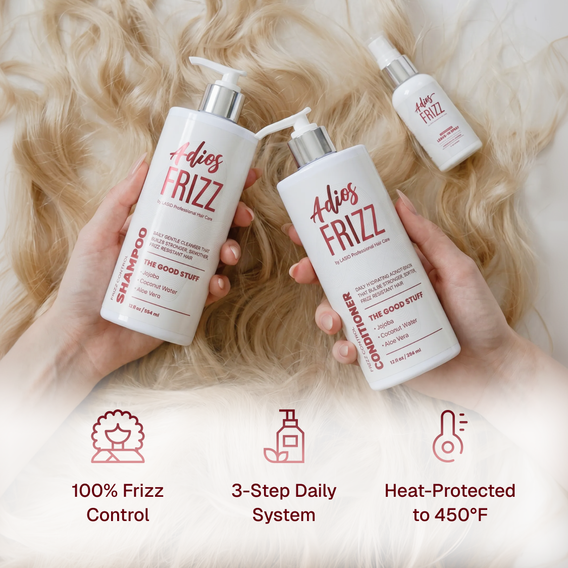 Adios Frizz- The Complete System: Shampoo, Conditioner & Leave-In Spray Bundle.
